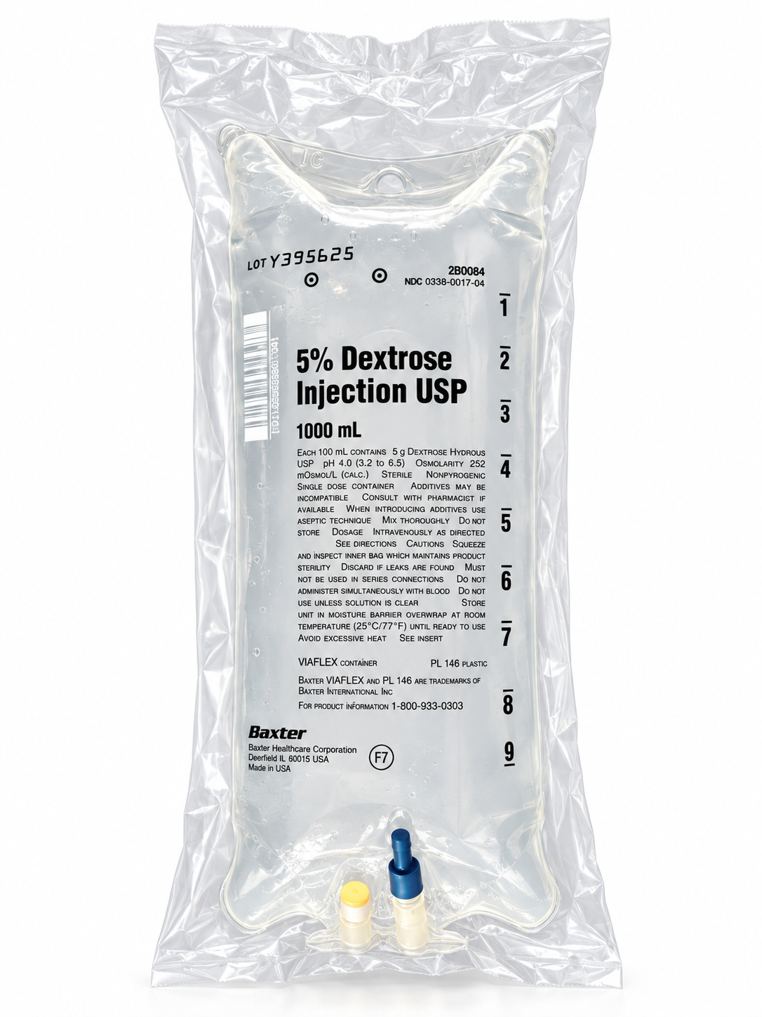 Baxter D5W IV bag, 1000 mL, in its clear overwrap