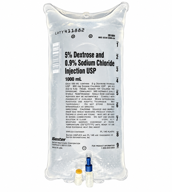 Baxter 5% Dextrose and 0.9% Sodium Chloride Injection USP (D5NS) IV bag, 1000 mL