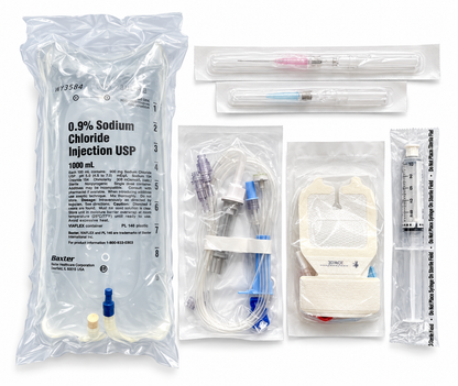 Complete IV fluid kit, 1000 mL: Baxter normal saline bag, IV tubing, BD shielded catheters, start kit and saline flush