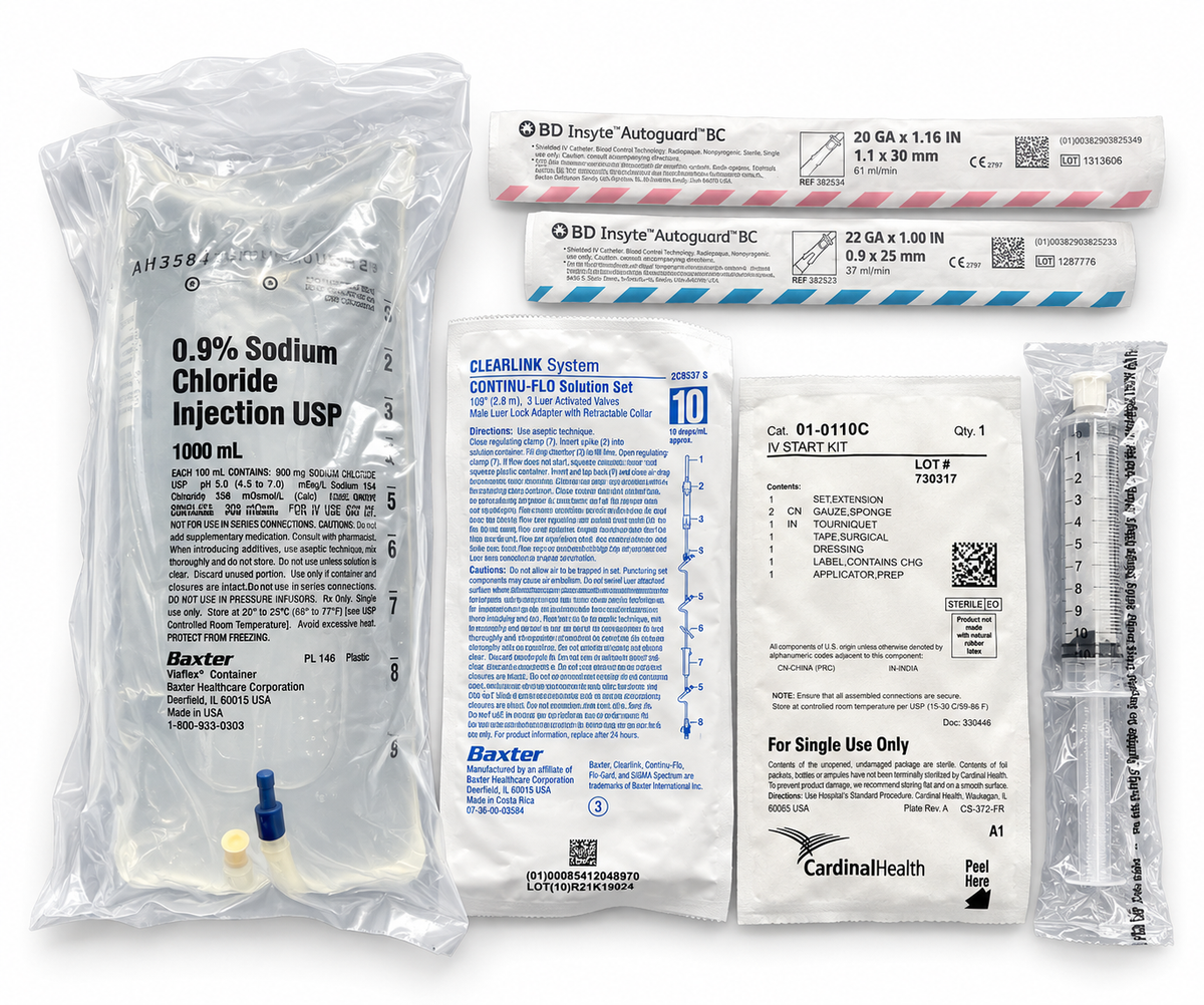 Complete IV Fluid Kit with Normal Saline, 500 or 1000 mL