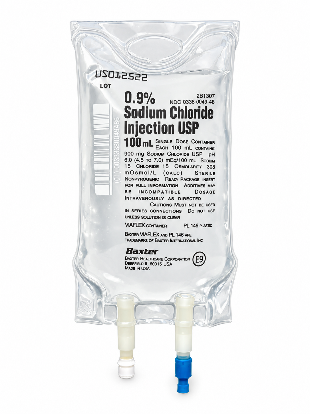 Baxter 0.9% Sodium Chloride Injection USP normal saline IV bag, 100 mL