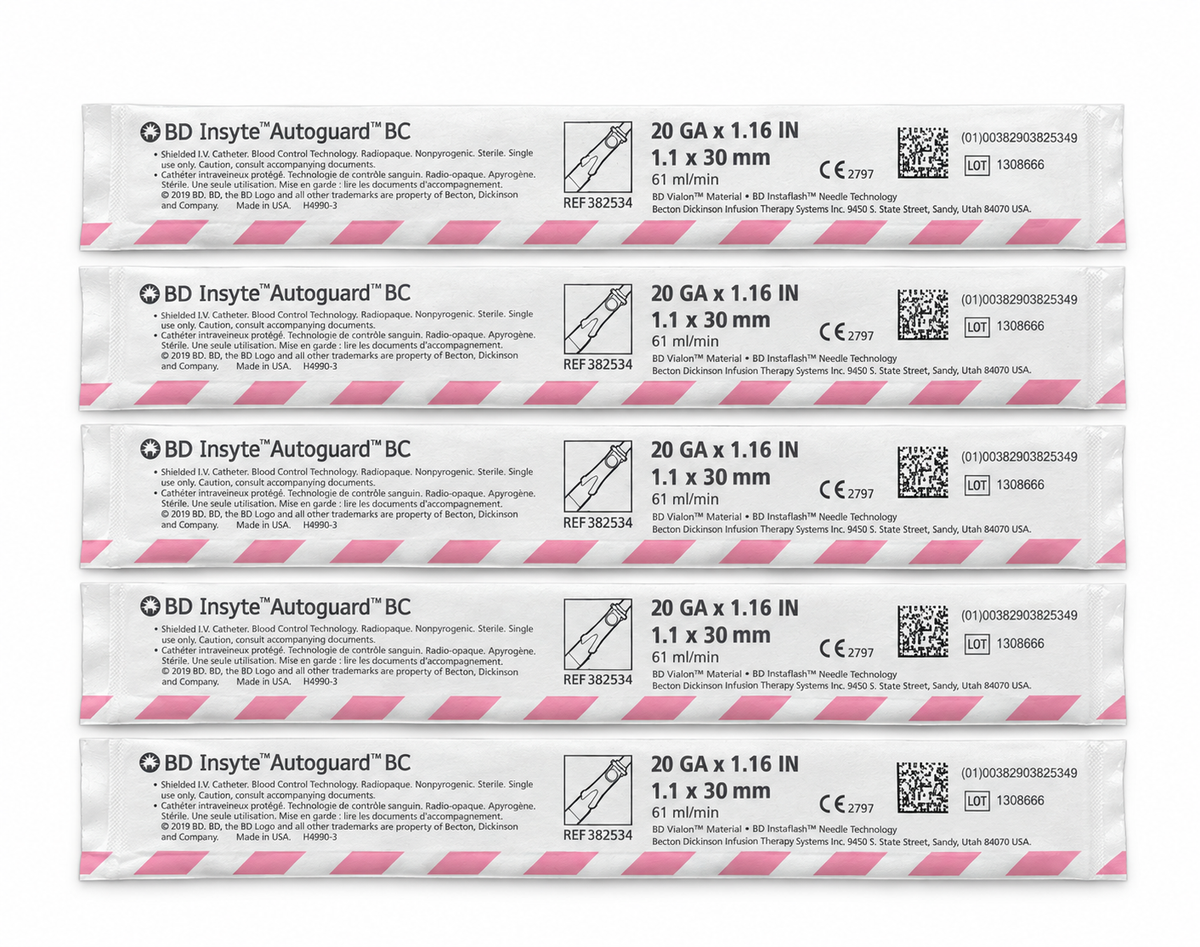 BD Insyte Autoguard shielded IV catheters, 20 GA, 5 pack in sterile wrappers