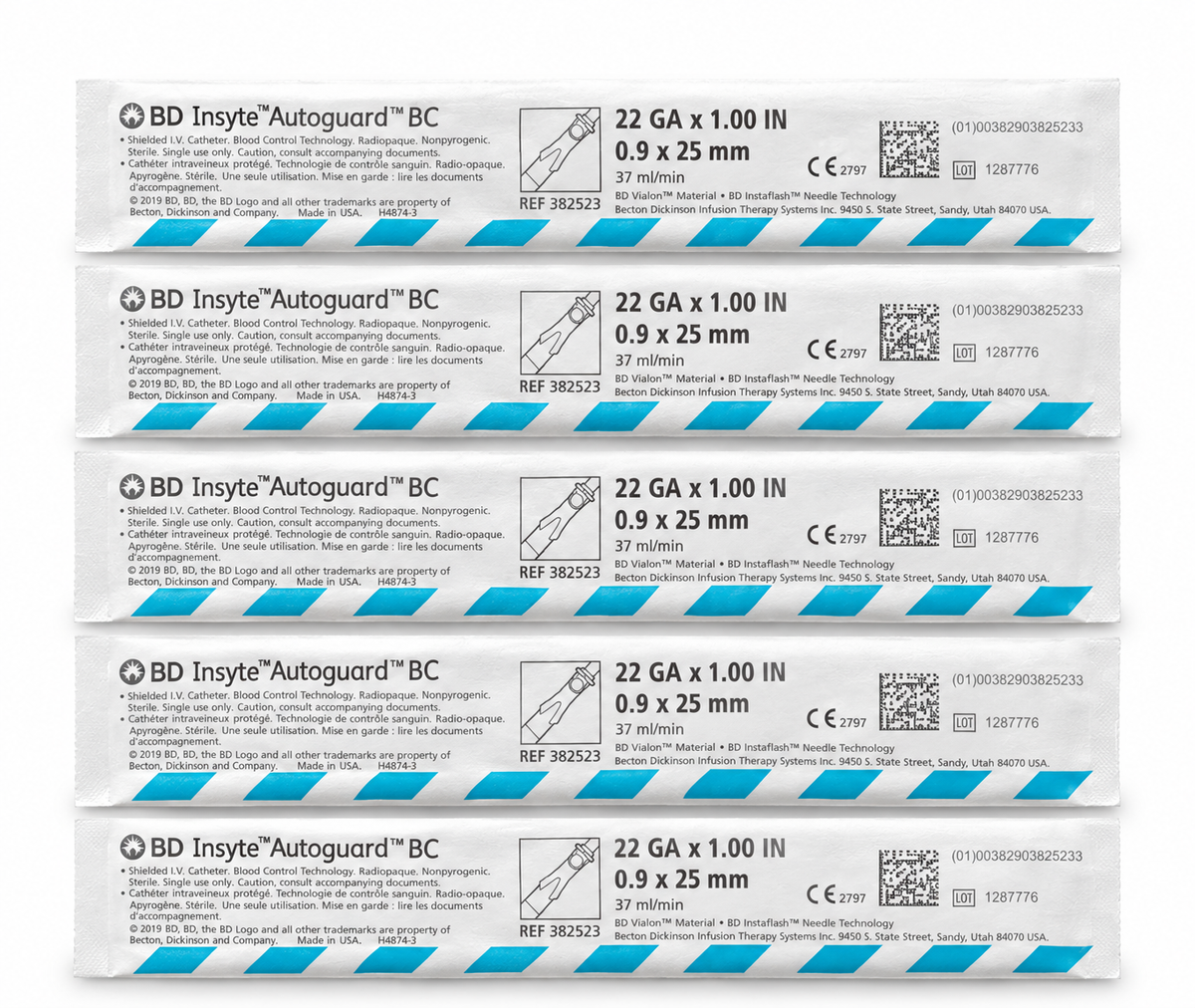 BD Insyte Autoguard shielded IV catheters, 22 GA, 5 pack in sterile wrappers