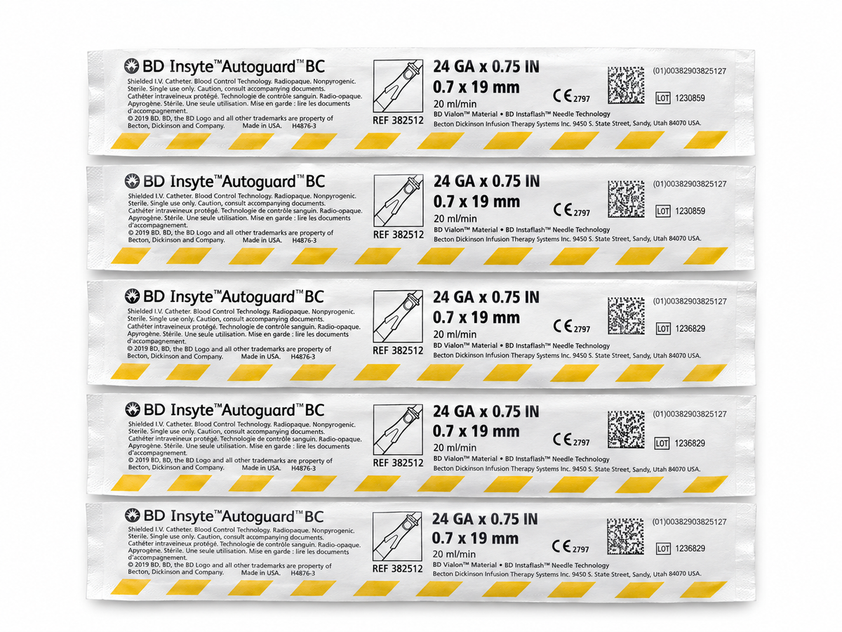 BD Insyte Autoguard shielded IV catheters, 24 GA, 5 pack in sterile wrappers