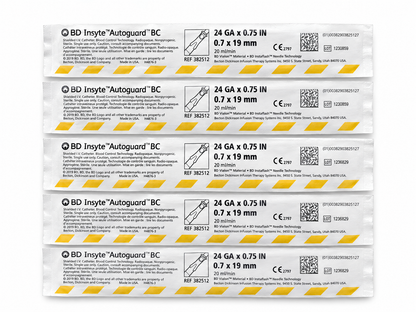 BD Insyte Autoguard shielded IV catheters, 24 GA, 5 pack in sterile wrappers