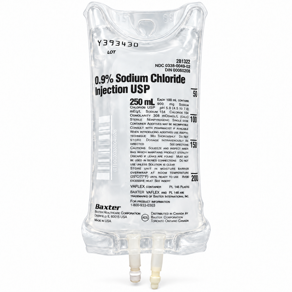Baxter 0.9% Sodium Chloride Injection USP normal saline IV bag, 250 mL