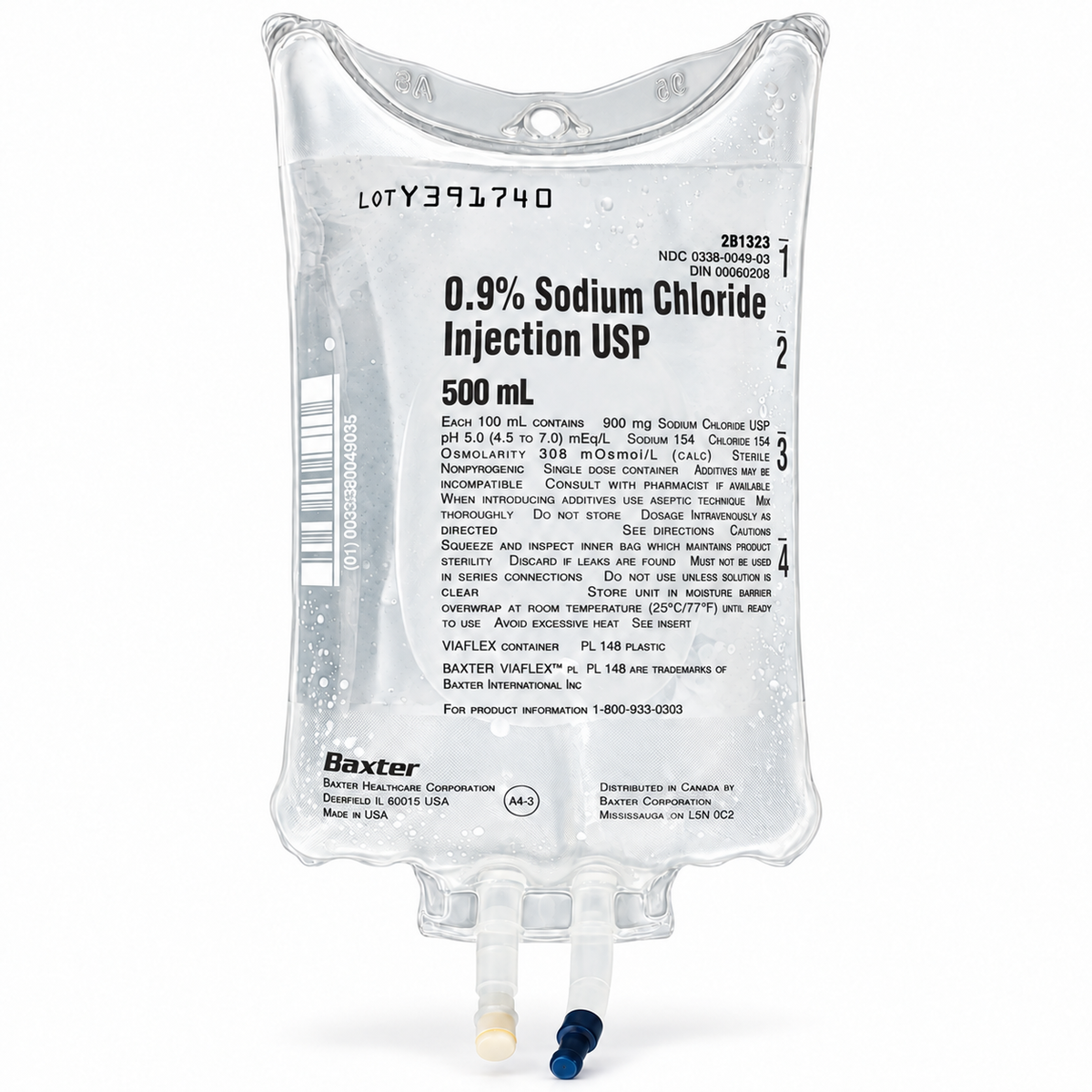 Baxter 0.9% Sodium Chloride Injection USP normal saline IV bag, 500 mL
