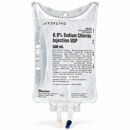 Baxter 0.9% Sodium Chloride Injection USP normal saline IV bag, 500 mL