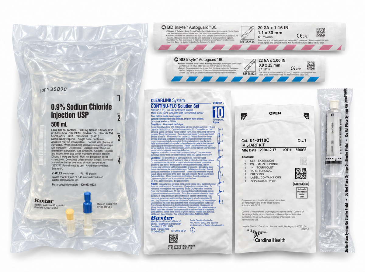 Complete IV Fluid Kit with Normal Saline, 500 or 1000 mL