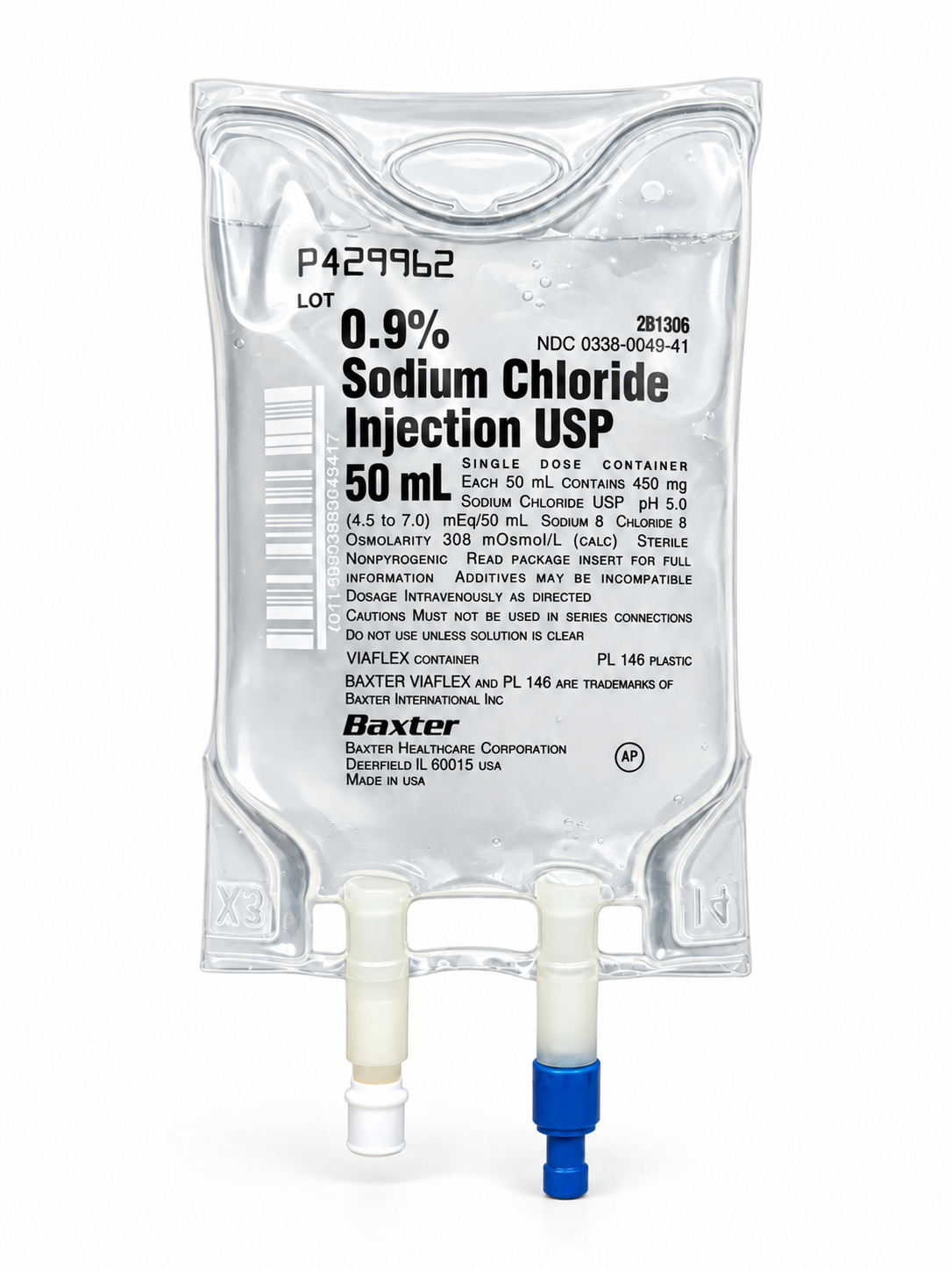 Baxter 0.9% Sodium Chloride Injection USP normal saline IV bag, 50 mL