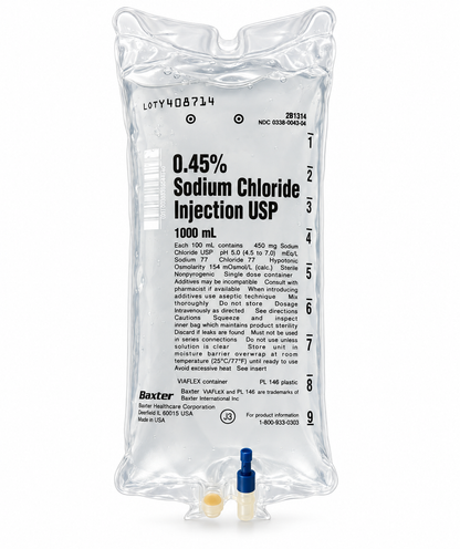 Baxter 0.45% Sodium Chloride Injection USP half-normal saline IV bag, 1000 mL
