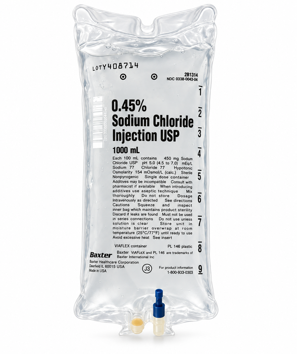 Baxter 0.45% Sodium Chloride Injection USP half-normal saline IV bag, 1000 mL