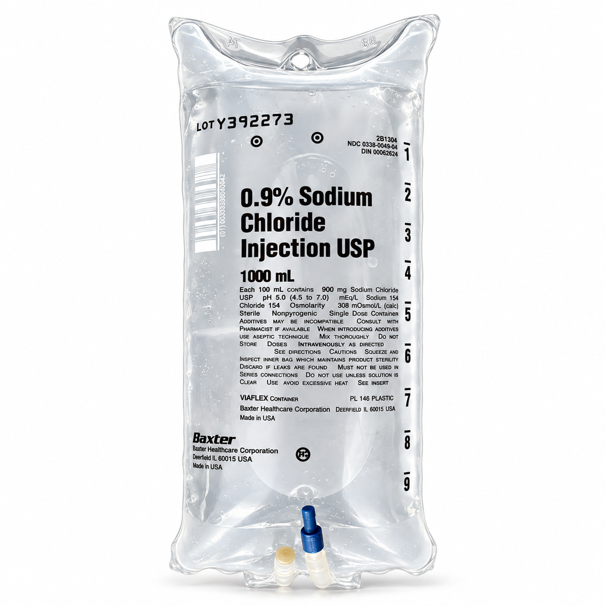Baxter 0.9% Sodium Chloride Injection USP normal saline IV bag, 1000 mL, included in the complete IV fluid kit