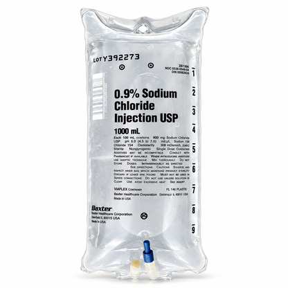 Baxter 0.9% Sodium Chloride Injection USP normal saline IV bag, 1000 mL, included in the complete IV fluid kit