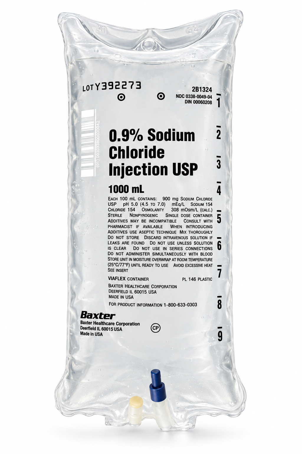 Baxter 0.9% Sodium Chloride Injection USP normal saline IV bag, 1000 mL