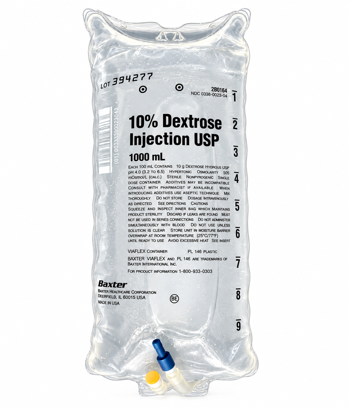 Baxter 10% Dextrose Injection USP (D10W) IV bag, 1000 mL
