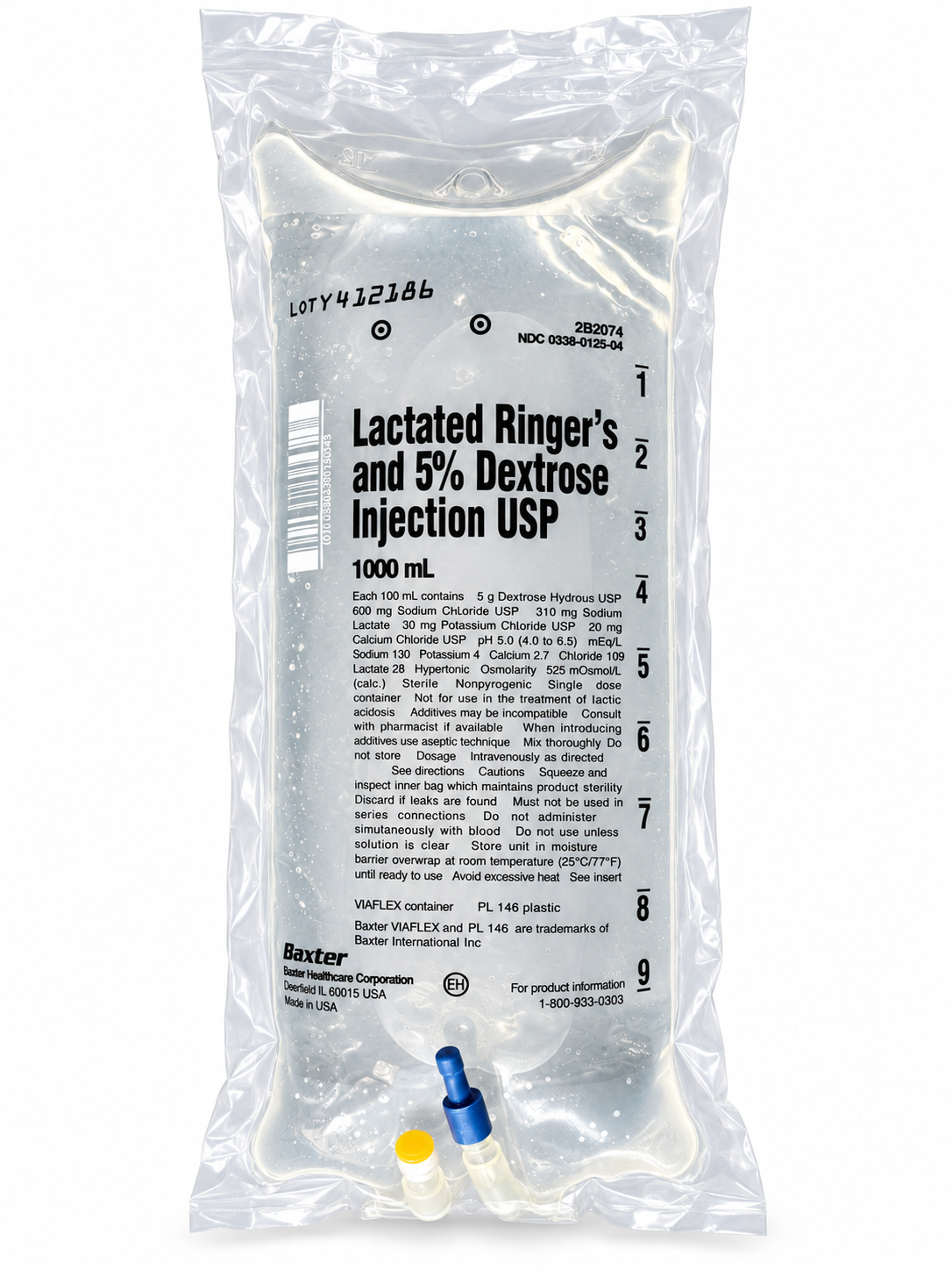 Baxter D5LR IV bag, 1000 mL, in its sealed overwrap