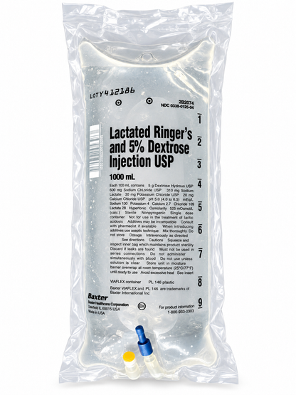 Baxter D5LR IV bag, 1000 mL, in its sealed overwrap