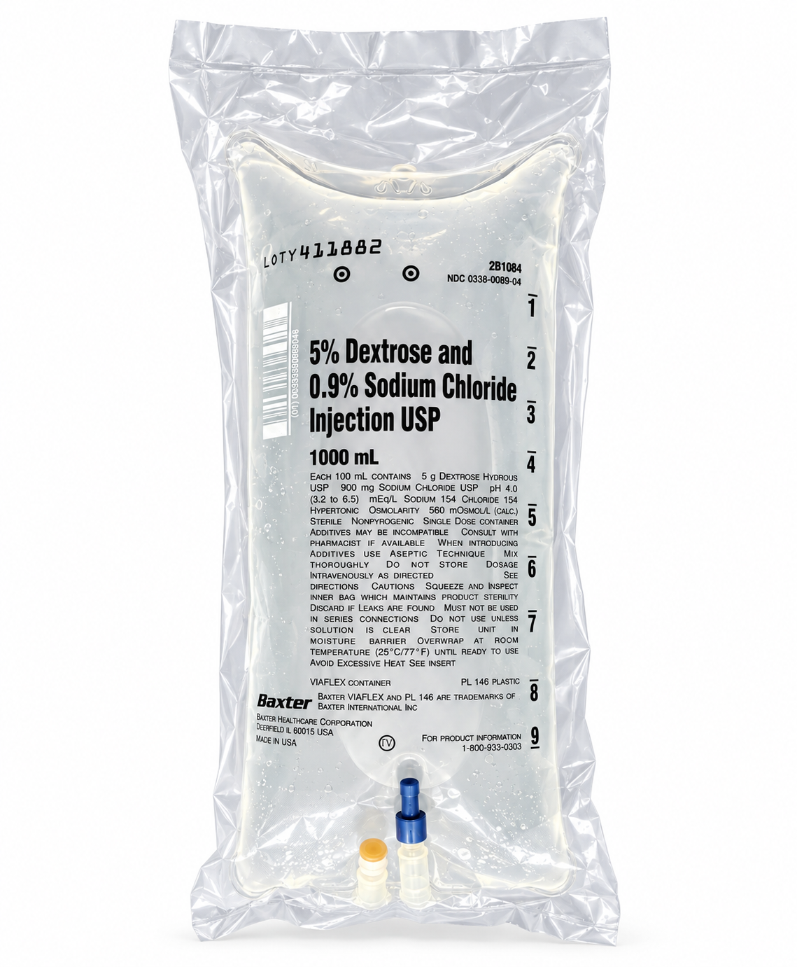 Baxter D5NS IV bag, 1000 mL, in its sealed overwrap