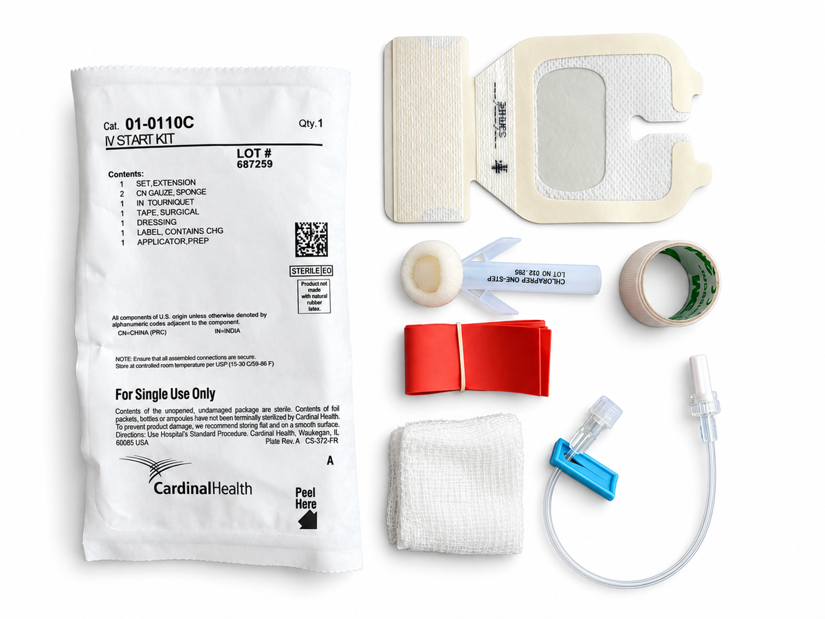 IV start kit with extension set, Tegaderm dressing, ChloraPrep applicator, tourniquet, tape and gauze