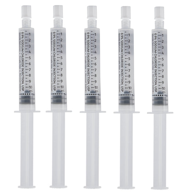Pre-filled 0.9% sodium chloride saline flush syringes, 10 mL