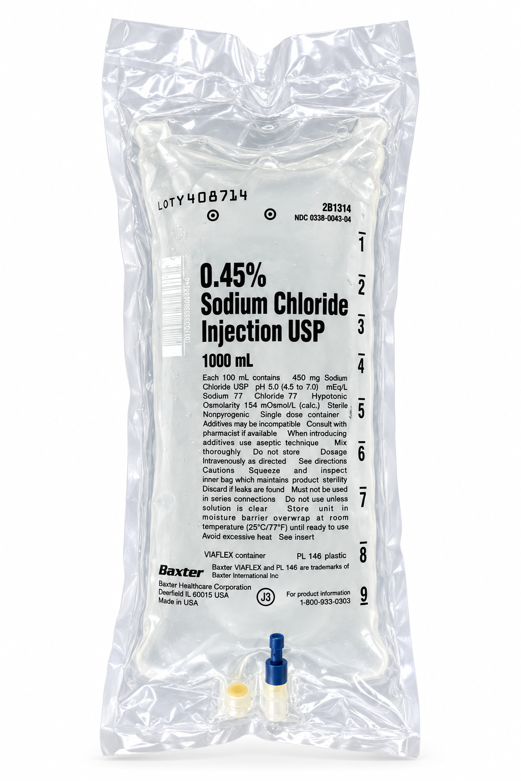 Baxter half-normal saline IV bag, 1000 mL, in its clear overwrap