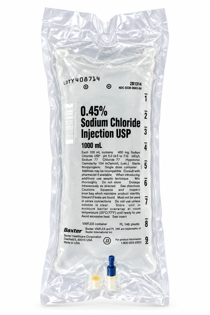 Baxter half-normal saline IV bag, 1000 mL, in its clear overwrap