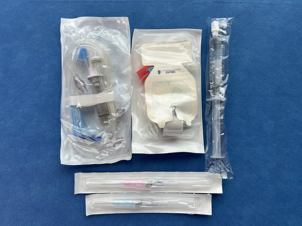 IV start kit with tubing, shielded catheters, saline flush and start supplies