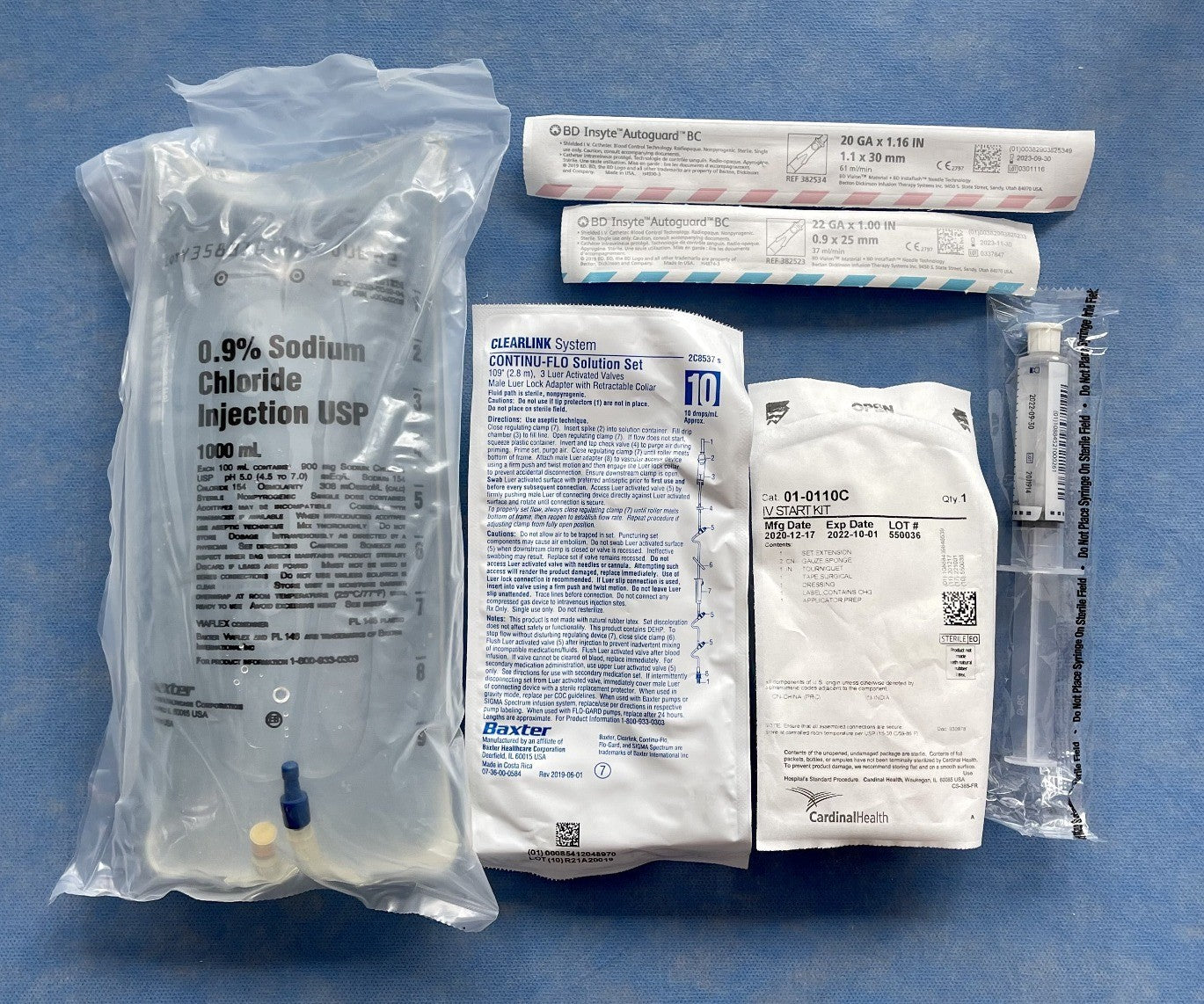 IV Fluid Kit with 1000mL or 500mL Bag of Normal Saline (0.9% Sodium Chloride)