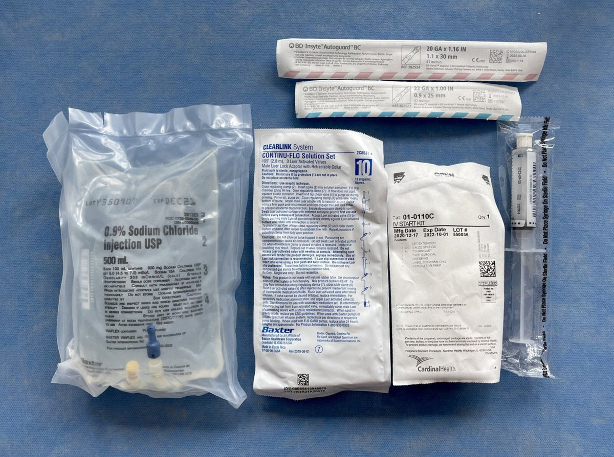 IV Fluid Kit with 1000mL or 500mL Bag of Normal Saline (0.9% Sodium Ch ...