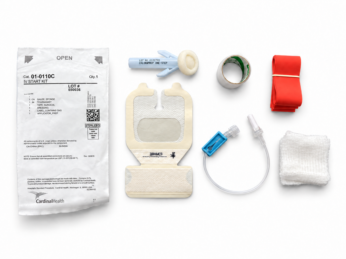 Cardinal Health IV start kit contents: dressing, ChloraPrep applicator, tourniquet, tape, gauze and extension set