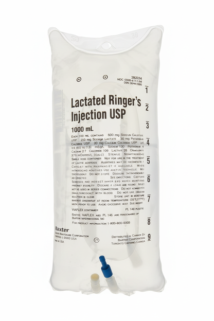 No Rx Required - IV Lactated Ringer's Fluid Bag (LR) Electrolyte Replacement - 1000mL (1L)