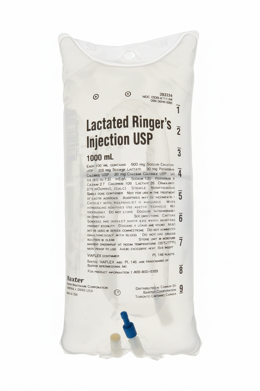 No Rx Required - IV Lactated Ringer's Fluid Bag (LR) Electrolyte Replacement - 1000mL (1L)
