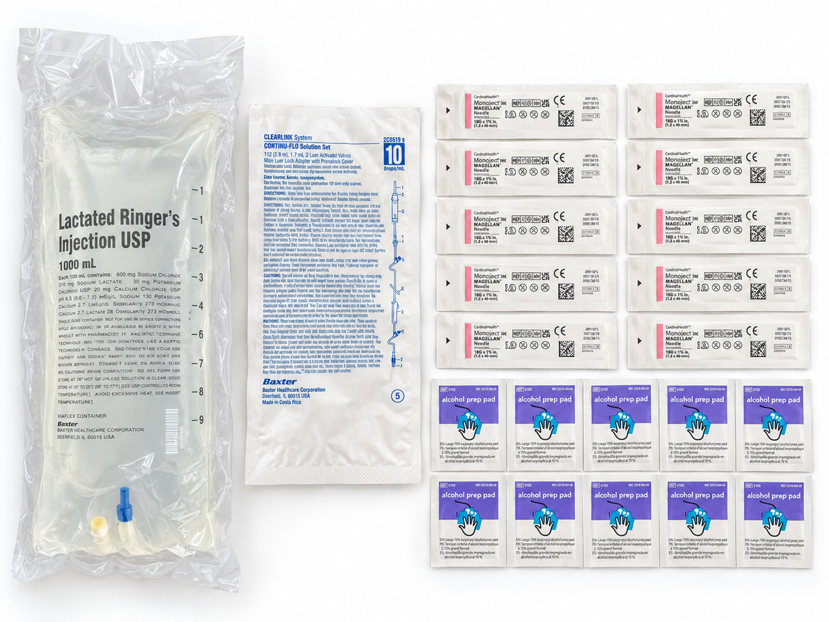 Complete SubQ Fluid Kit with Tubing and Needles, Saline or Lactated Ringer's, 500 or 1000 mL