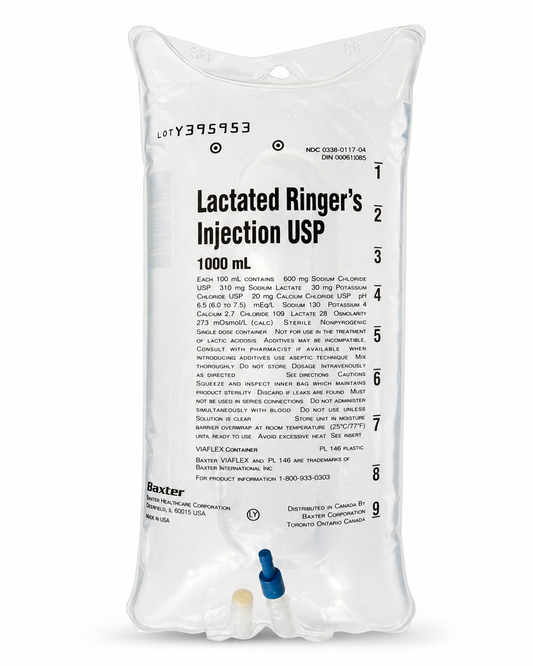 No Rx Required - IV Lactated Ringer's Fluid Bag (LR) Electrolyte Replacement - 1000mL (1L)