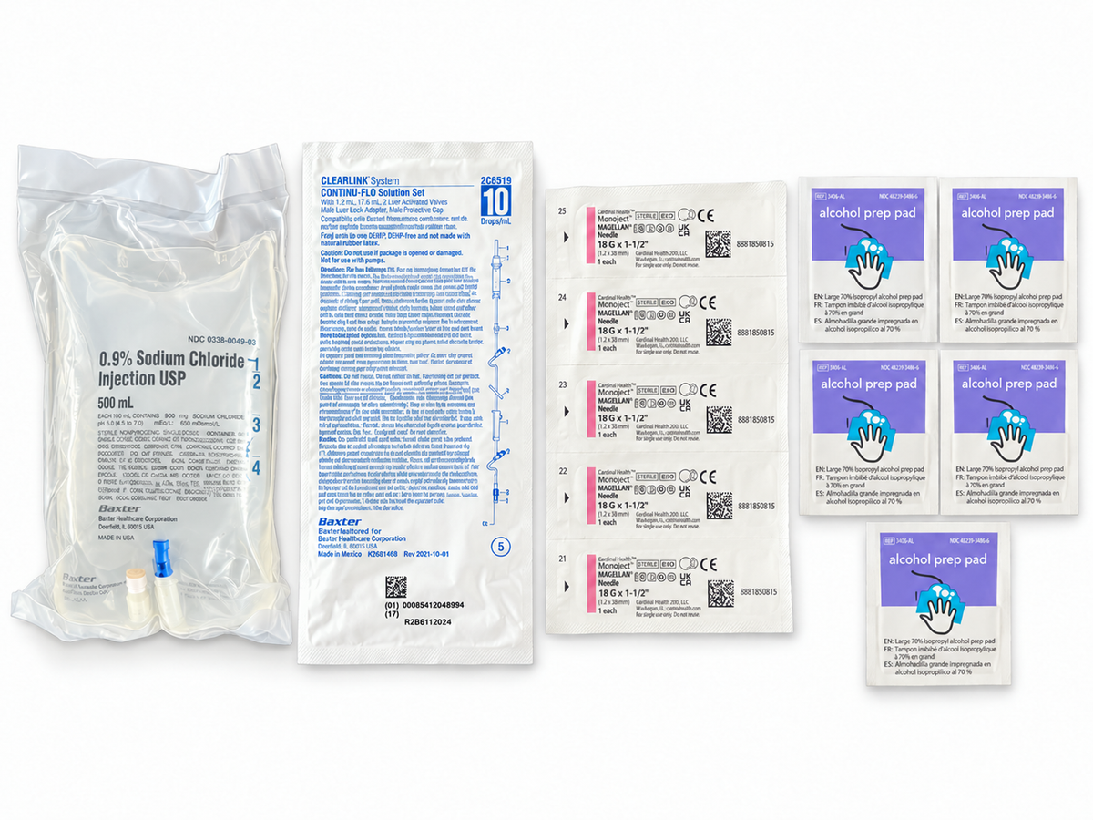 Complete SubQ Fluid Kit with Tubing and Needles, Saline or Lactated Ringer's, 500 or 1000 mL
