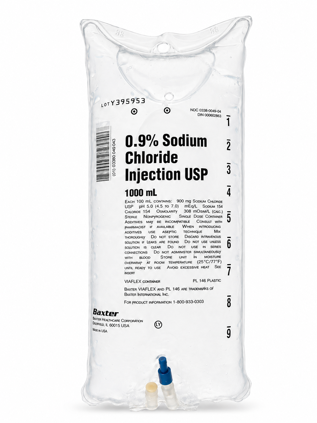 No Rx Required - IV Fluid Bag 0.9% Sodium Chloride (Normal Saline Solution) 1000mL (1L)
