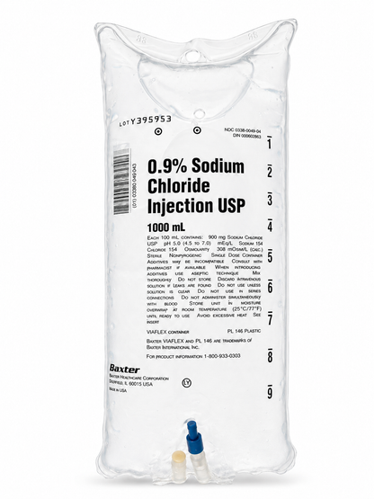 No Rx Required - IV Fluid Bag 0.9% Sodium Chloride (Normal Saline Solution) 1000mL (1L)