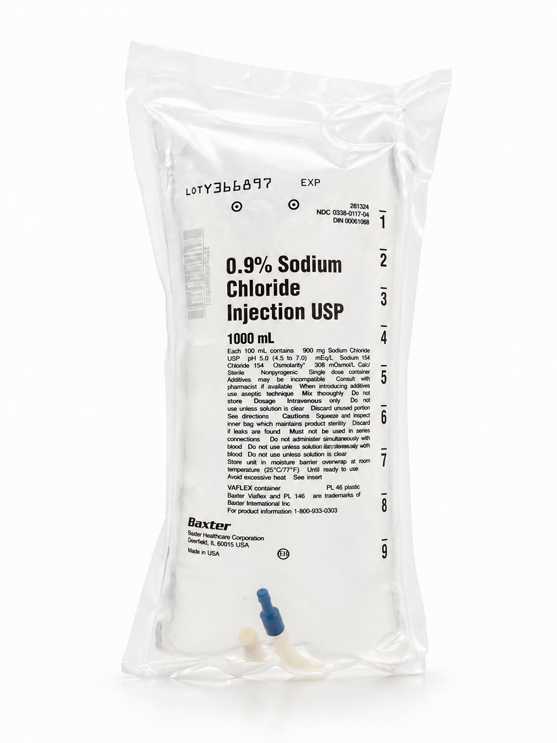No Rx Required - IV Fluid Bag 0.9% Sodium Chloride (Normal Saline Solution) 1000mL (1L)