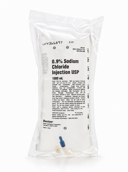 No Rx Required - IV Fluid Bag 0.9% Sodium Chloride (Normal Saline Solution) 1000mL (1L)
