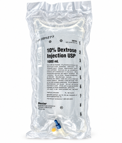 Baxter D10W IV bag, 1000 mL, in its sealed overwrap