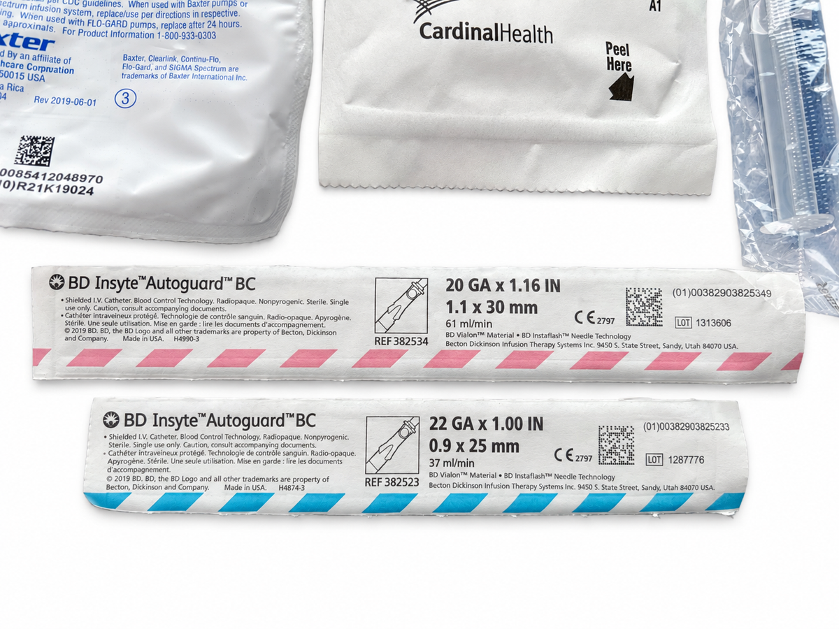 BD Insyte Autoguard shielded IV catheters, 20 GA and 22 GA, with Cardinal Health IV start kit
