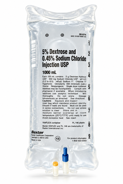 Baxter 5% Dextrose and 0.45% Sodium Chloride Injection USP (D5 1/2 NS) IV bag, 1000 mL