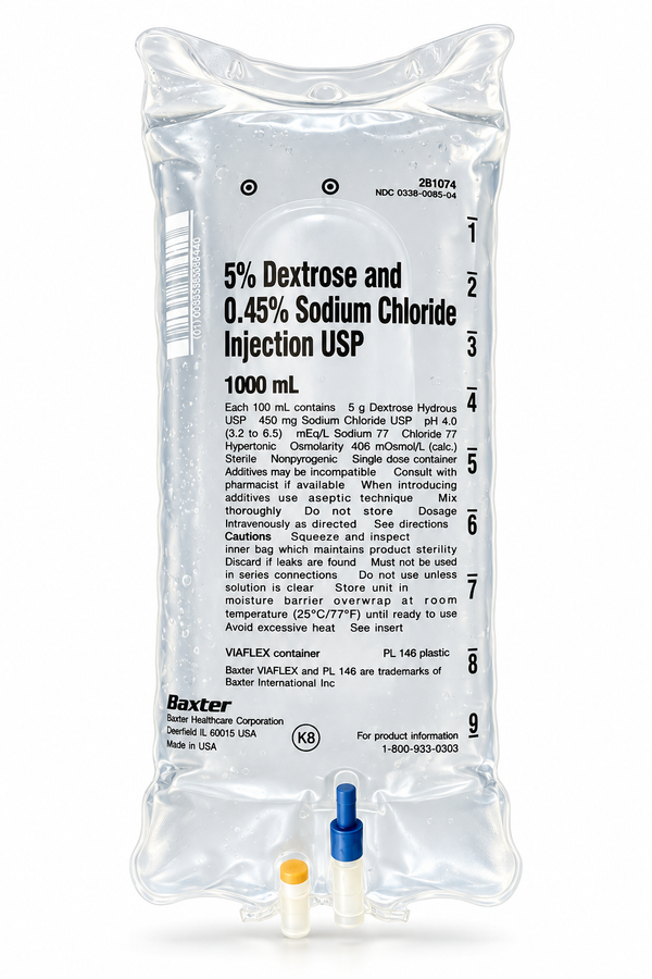 Baxter 5% Dextrose and 0.45% Sodium Chloride Injection USP (D5 1/2 NS) IV bag, 1000 mL