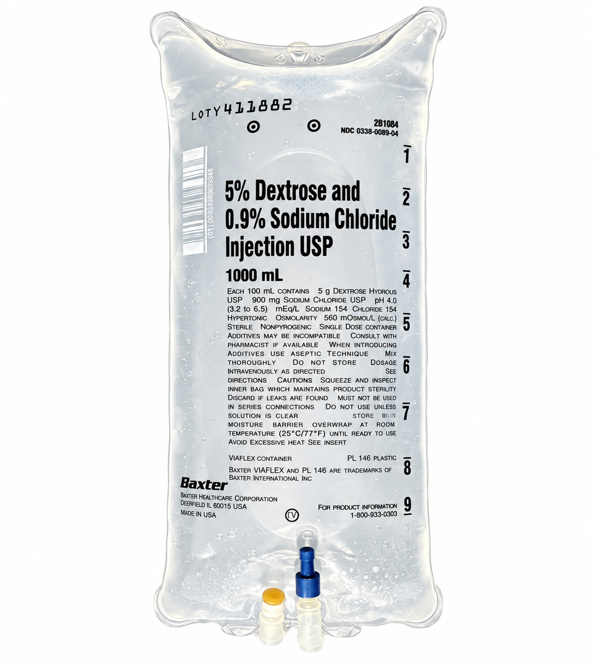 Baxter 5% Dextrose and 0.9% Sodium Chloride Injection USP (D5NS) IV bag, 1000 mL