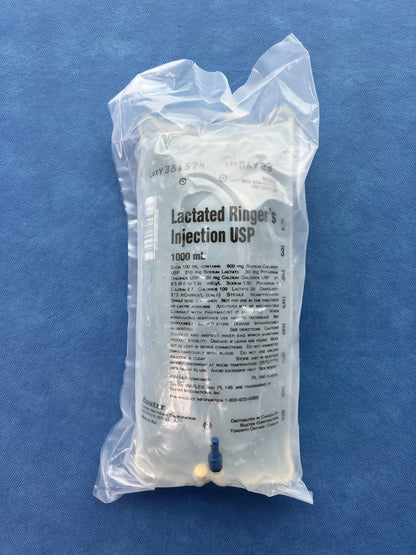 No Rx Required - IV Lactated Ringer's Fluid Bag (LR) Electrolyte Replacement - 1000mL (1L)