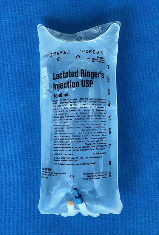 1000ml bag of Lactated Ringer's solution, a medical IV fluid commonly used for hydration and electrolyte. Ringer's IV Fluid bag Lactated Ringer LR IV solution Dehydration